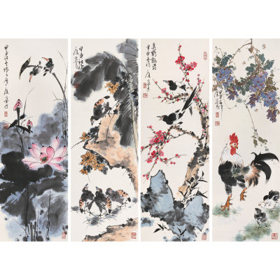 康宁 2004年作 花鸟 四屏